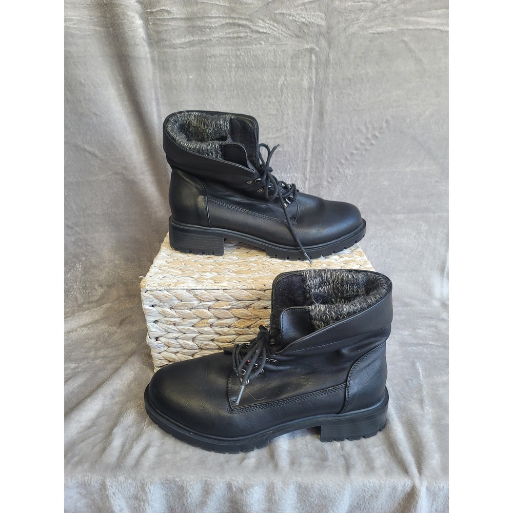 Torrid Black Edgy Knit Cuff Combat Boots 10W Moto Chic Grunge Gorpcore Lug Sole